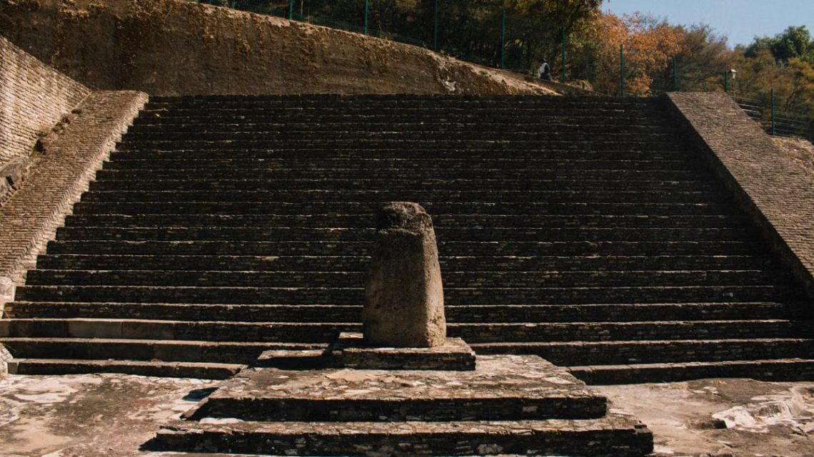 Ancient stone steps leading up the Great Pyramid of Cholula in Mexico.