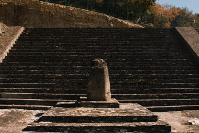 Ancient stone steps leading up the Great Pyramid of Cholula in Mexico.