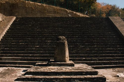 Ancient stone steps leading up the Great Pyramid of Cholula in Mexico.
